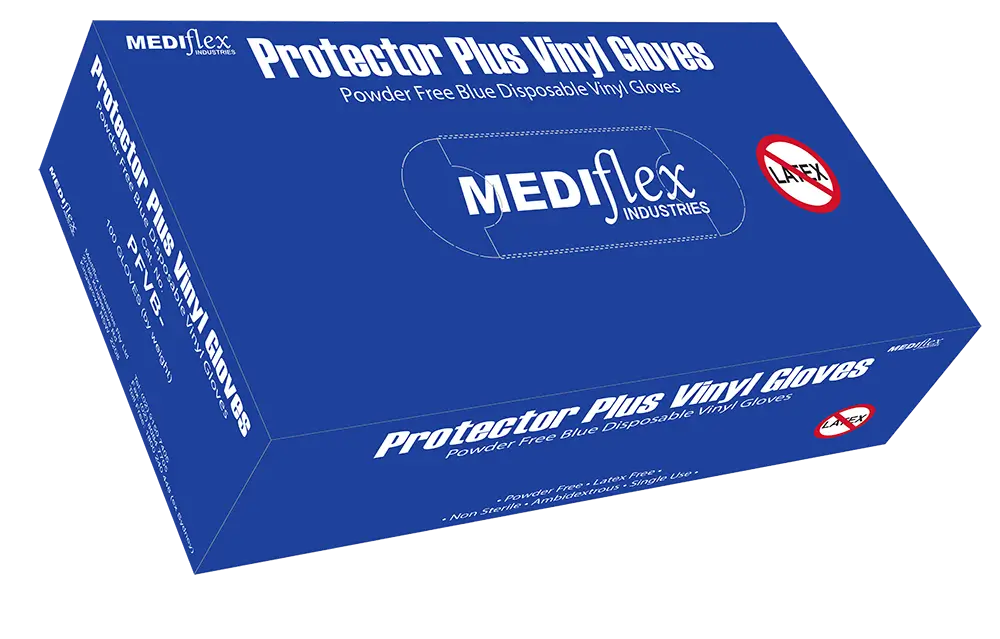 Box of Mediflex Protector Plus blue powder free vinyl gloves by Mediflex Industries for disposable use